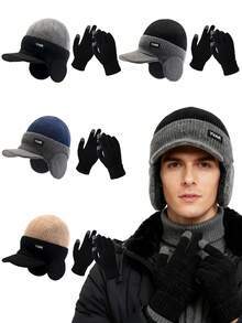 3pcs/Set Knitted Hat, Gloves & Earflap Set, Winter Warm Thermal Lined Windproof Cycling Cap & Gloves Set For Men Winter Clothing