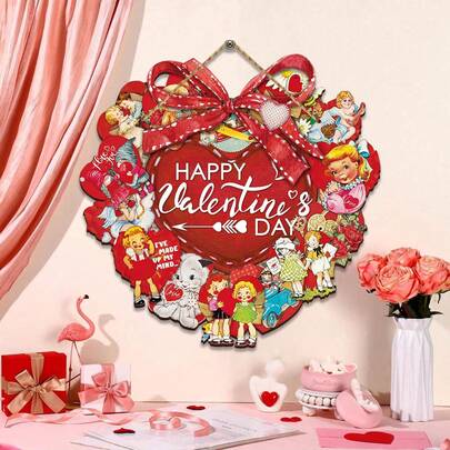 1pc Valentine's Day Door Sign Wooden Heart Hanging Wreaths Sign Front Decor Red Heart Welcome Door Hanger Decoration For Valentine's Day Wedding Living Room Wall Decor