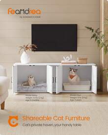 Feandrea Double Cat Litter Box Enclosure, Modern Litter Box Furniture Hidden For 2 Cats, Front Entry, Side End Table, TV Stand, 145.6 X 48.5 X 50 Cm, Cloud White - White - View 3