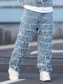 Men's Retro Slim Fit Fashionable Embroidered Patchwork Straight Leg Jeans - Blue - View 1