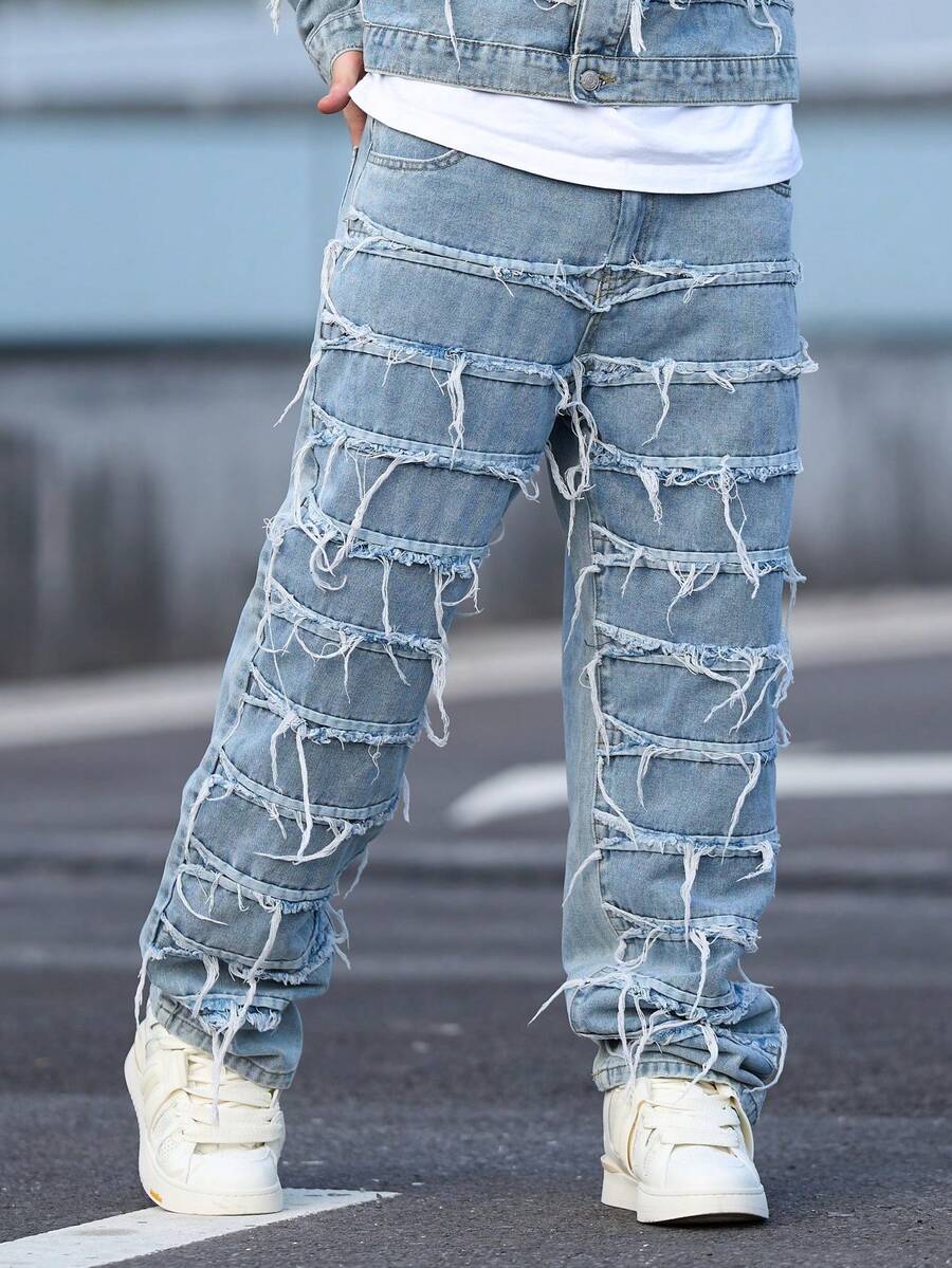 Men's Retro Slim Fit Fashionable Embroidered Patchwork Straight Leg Jeans - Blue - View 1