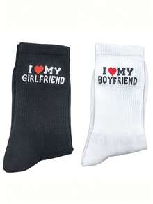 1 Pair "I Love My Girlfriend" Socks, Cute Gift For Boyfriend, Anniversary, Valentine's Day, Birthday, Funny Boyfriend Gift Idea, "I Love My Girlfriend" Socks, Socks For Men And Women - Black and White - View 5