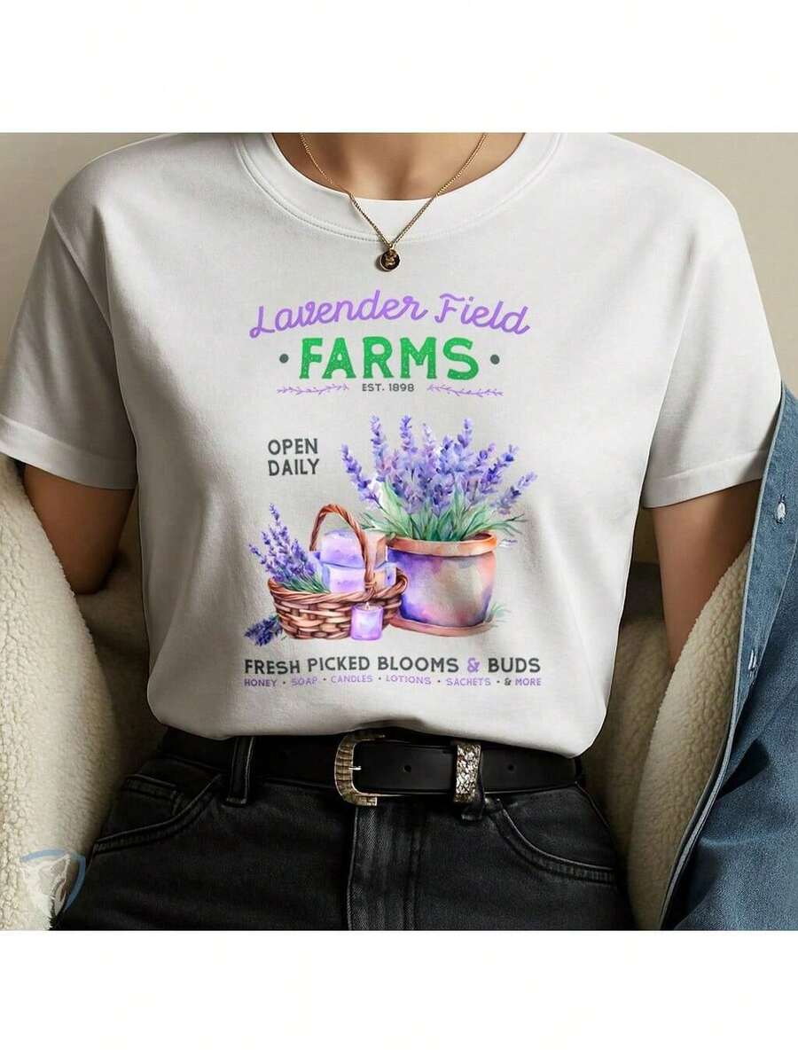 Lavender Field T-Shirt | Artistic Print With Flowers And Countryside Scent - 白色 - 查看 1