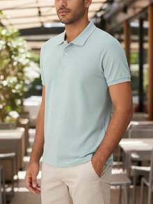 Ogochi Men's Basic Plain Polo Shirt With Logo, No Pocket, Original - 灰霧 - 查看 8