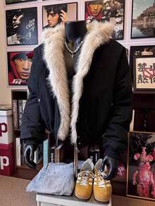 American Retro Fur Collar Hooded Mountain Carved Cotton Jacket Men's Winter Warm Short Cotton Jacket - 黑色 - 查看 1