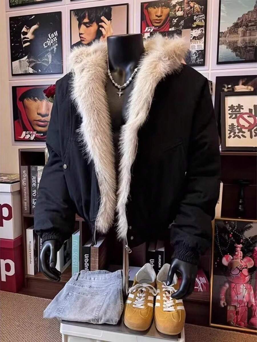 American Retro Fur Collar Hooded Mountain Carved Cotton Jacket Men's Winter Warm Short Cotton Jacket - 黑色 - 查看 1