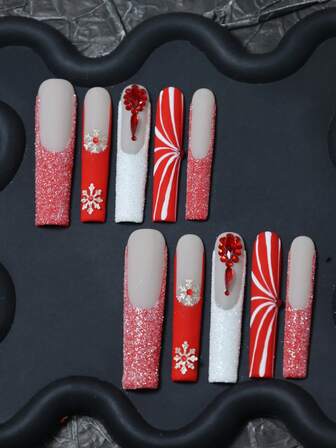 CrystalHola 10 st/set handgjorda press-on naglar, fransk manikyr, kistformad, röd nagelbas, handmålade ränder, glittrande röda strass, matt finish, snöflingedekor, heltäckande jultemadesign, återanvändbar och hållbar, unik sommarnagelkonst, perfekt för fester och bröllop