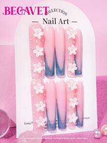 BEGAVET 10pcs Handmade Salon Quality Nail Art Press On Nails Pink French Tips Long Square Exclusive Design 3D Nails With 3D Charms, Suitable For Parties/Music Festival And Daily Wear - Multicolor - View 2