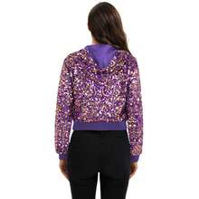 Women's Sequin Zip-Up Hooded Jacket With Ribbed Hem And Long Sleeves For Party Wear - Purple Gold - View 2