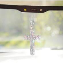 MX  Bling Cross Car Hanging Ornament Crystal Rhinestone Car Rearview Mirror Pendant For Women Diamond Rear View Mirror Charm Present Universal Vehicle Interior Decoration Accessory White - trắng - Xem 1