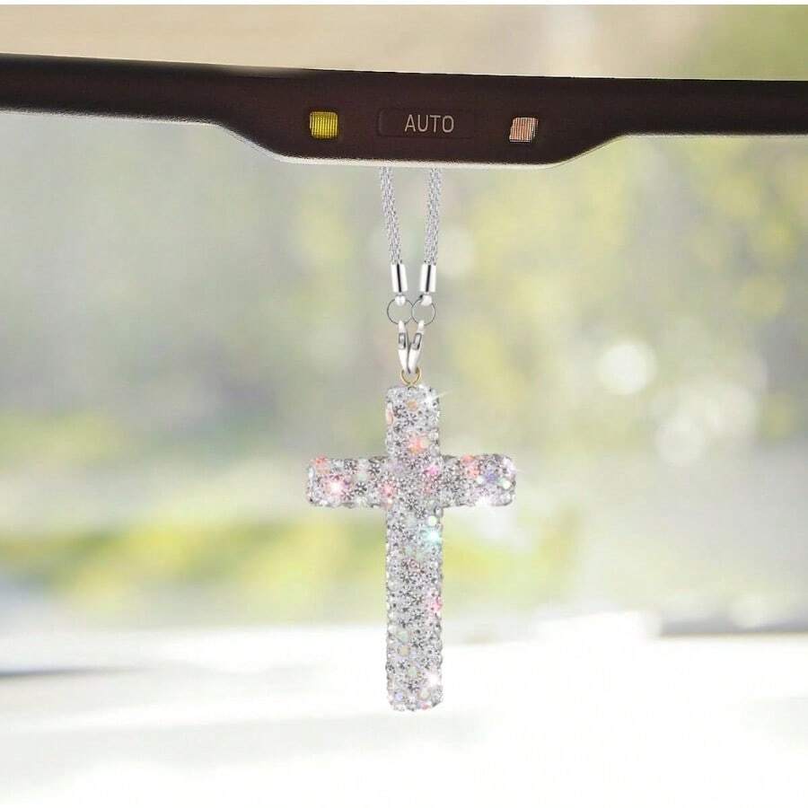 MX  Bling Cross Car Hanging Ornament Crystal Rhinestone Car Rearview Mirror Pendant For Women Diamond Rear View Mirror Charm Present Universal Vehicle Interior Decoration Accessory White - trắng - Xem 1