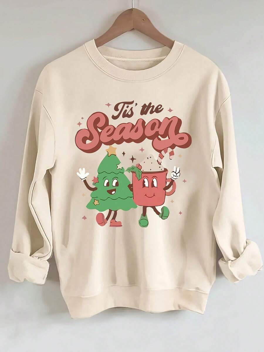 SeaDan Women's Christmas Graphic Sweatshirt - Vibrant Pink Holiday Pullover With "Tis The Season" Print, Cartoon Tree & Hot Cocoa Design, Cozy Round Neck Casual Winter Top, Christmas Sweatshirt, Festive Clothing, Machine Washable Clothing - 杏色 - 查看 1
