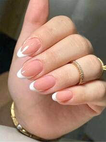 YINZIJIA 10片手工美甲贴纸，可佩戴美甲贴纸，粉色法式短杏仁形美甲贴纸，快速美甲贴纸，美甲用品 - 白色 - 查看 3