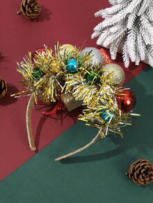 1 قطعة شريط رأس عيد الميلاد السحري - دائرة من خيوط الترتر الذهبية والزمردية مع زخارف من الترتر متعدد الألوان وحبات التوت البري للنساء لاكسسوارات شعر حفلات الأعياد، شريط شعر، حلقة شعر، حفلة