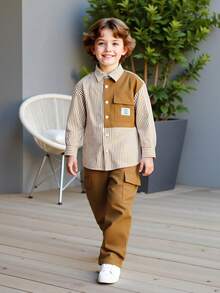 2pcs Toddler Boys' Spring/Autumn Long Sleeve Shirt And Casual Cargo Pants Set, Fashion Striped Patchwork Design, Versatile Everyday Outfit