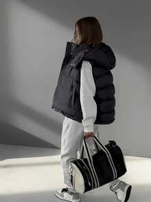 Women's Sleeveless Zipper Vest Bread Shirt, Cotton Jacket, Thickened, Suitable For Casual And Elegant Wear In Autumn/Winter, Seasonal Fashion, Elegant Design, Solid Color Zipper Pocket With Drawstring, Office - Black - View 4