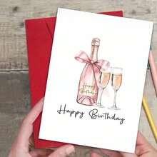 成人款优雅香槟生日贺卡 - “生日快乐”玫瑰金气泡酒杯设计（含信封） - 彩色 - 查看 2