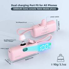 Mini 5000mAh Power Bank, 15W Fast-Charging Phone Charger, Built-In Charging Plug And Output Cable, LCD Smart Display, Type-C Plug Compatible With IPhone 17/16/15/Android - Hồng và đen - dành cho phích cắm Type-C + cáp dành cho iPhone 14 - Xem 2