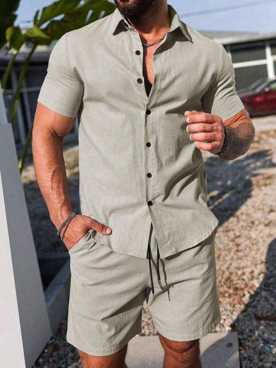 JMB Men's Simple Solid Color Short Sleeve Shirt And Shorts Set For Going Out - 淺灰色 - 查看 1