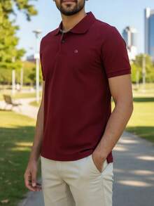 Ogochi Men's Basic Plain Polo Shirt With Logo, No Pocket, Original - 赤霞珠 - 查看 3