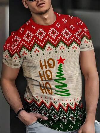 Camiseta de manga corta casual de moda para hombre con estampado digital 3D de Navidad 2025