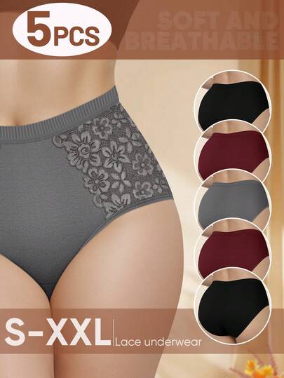 Morelect Paquete de 5 bragas de algodón de cintura alta para mujer, de cobertura completa, con parches de encaje, estampado floral, elegantes y transpirables