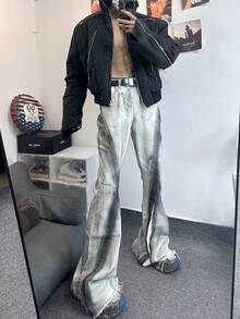 American Street Retro Heavy Fringed Black Ribbon Gradient Jeans Men's High Street Vibe Style Horn Pants Men - Xám - Xem 3