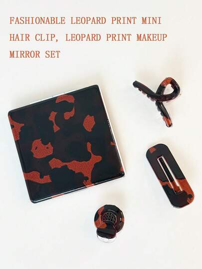 Kẹp tóc mini họa tiết da báo thanh lịch, Gương trang điểm gấp gọn hai mặt họa tiết da báo, Gương trang điểm gấp gọn nhẹ di động dành cho nữ