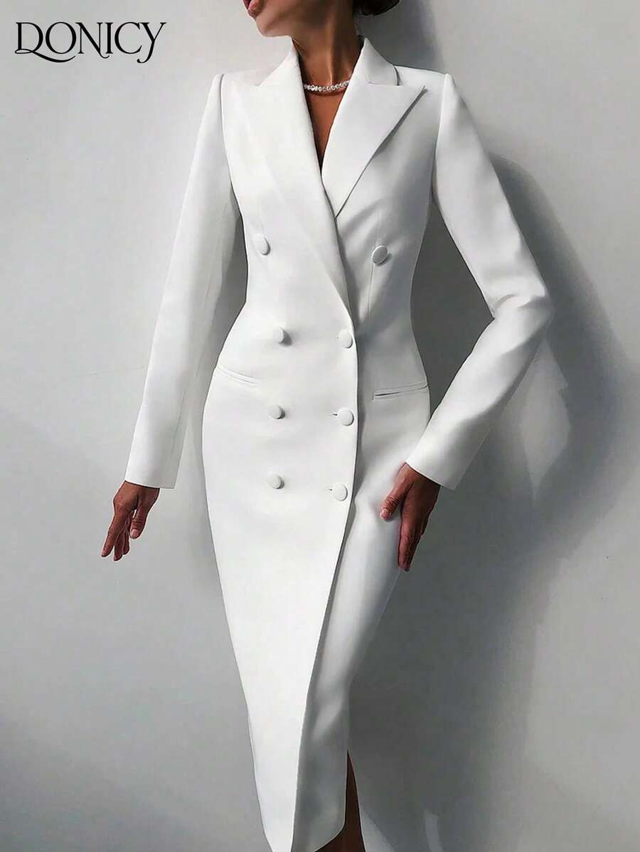 DONICY Damen Herbst/Winter Bekleidung Zweireihiger einfarbiger eleganter weißer Blazer, modischer langer Knopfmantel für den Herbst
