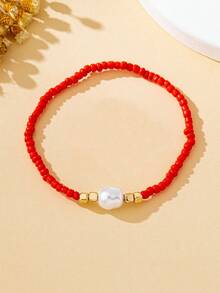 Pulseira feminina elegante com pérolas artificiais, ajustável e versátil, ideal para presente. - Pérola de milho vermelha - Ver 2