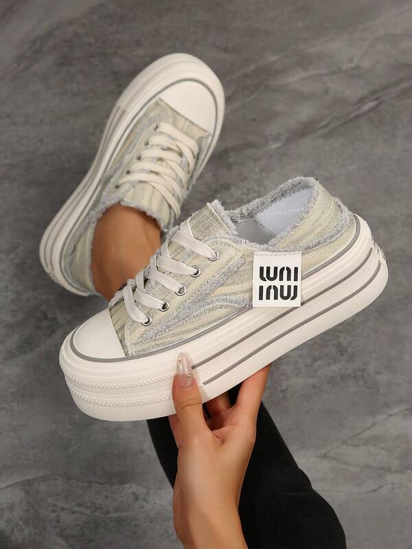 女士两穿帆布鞋，透气一脚蹬运动鞋，仿毛皮饰边，厚底，春秋季百搭休闲平底鞋