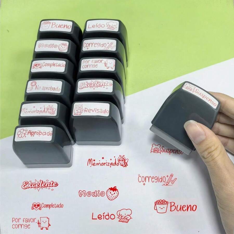Spanish Teacher Grading Stamps - Expressions For Evaluating Learning Outcomes, Assignments, Etc. Classroom Grading, Homework Encouragement Stamps With Phrases Like "Passed", "Excellent", "Satisfactory", "Completed" And More In Red Ink - Gray-shell Small Spanish Correction Stamp - View 1