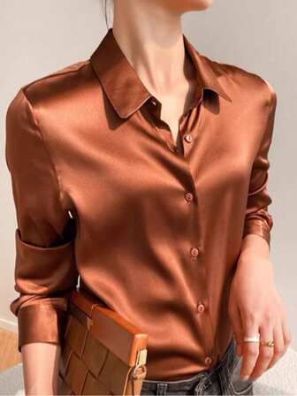 Women's Elegant Solid Color Button-Up Long Sleeve Shirt, Suitable For Commuting, Autumn