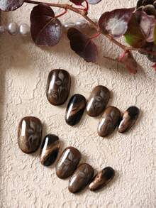 10pcs Acrylic Press On Nails Brown Nails Brown Black Halation Flower Fake Nails Short Office DailyWear False Nails Artificial Nails Kit Includes 1sheet Adhesive Tabs &1 Pc Mini File - Multicolor - View 2