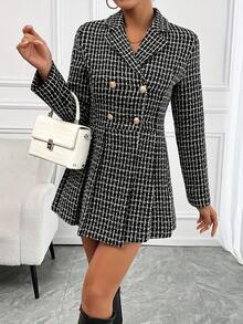 Women's Elegant French Plaid Notched Collar Double-Breasted A-Line Dress, Polyester, Button Detail, Autumn/Winter Fashion, Adult Size, Woven Fabric