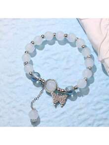 1pc Imitation Cat Eye Stone Bracelet With Butterfly Pendant, Suitable As Gift For Friends And Girlfriends (No Actual Cat Eye Effect) - White - View 4