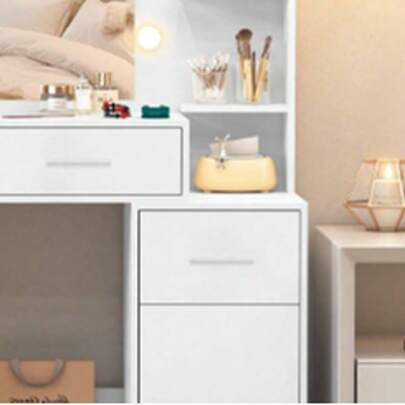 Makeup Dressing Table With Mirror, Modern Wood Vanity Desk, Drawers And Storage Shelves, 3 Color Modes Adjustable Brightness, LED Lights Mirror Makeup Table, Bedroom Furniture, Christmas Gift For Women ﻿