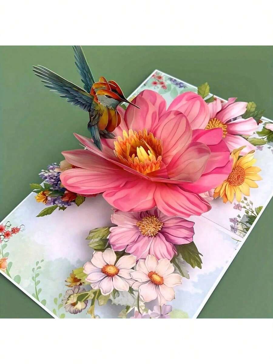 1pc-Up 3D Greeting Card With An Envelope, Featuring A Floral Kingfisher Design, Cartoon Theme, Suitable Gifting To Teachers/Classmates/Friends/Colleagues/Grandparents/Parents//Wives/Daughters/Granddaughters/Girlfriends, Etc., Applicable Various Occasions Such As Mother's Day/Teacher's Day/New Year/Valentine's Day/Thank You/Retirement/Anniversary/Birthday/Thanksgiving, Etc. - 紅花蜂鳥 - 查看 1