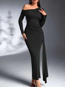 黑色不对称领长袖修身派对夜店冬季连衣裙优雅晚礼服时尚婚礼