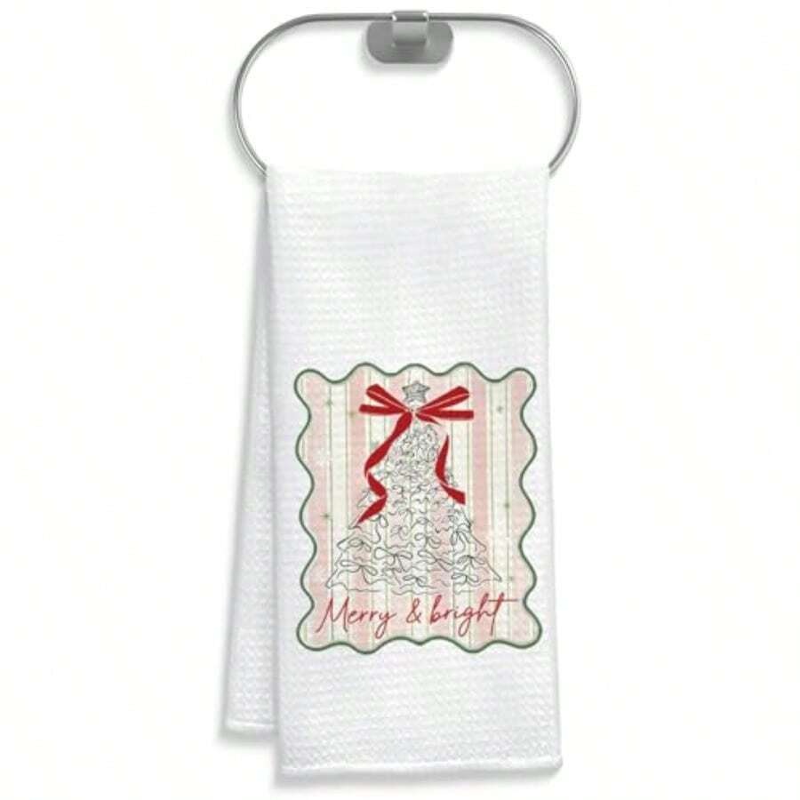 MX  Red Bow Christmas Tree Kitchen Towels Preppy Winter Christmas Dish Tea Towels For Kitchen Decor Coquette Bow Xmas Tree Striped Decorative Hand Towel For Bathroom 16x24 Inch - White - View 1