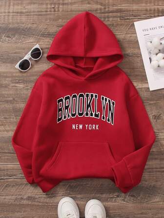 2024新款少女字母印花保暖连帽卫衣，休闲时尚长袖上衣，秋冬款