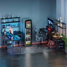 HLONONE Escritorio esquinero reversible para ordenador con iluminación LED y toma de corriente, 150/170 x 100 cm, con compartimentos de almacenaje y cajón. Incluye soporte para monitor y estante. Conjunto en forma de L con 2 escritorios y compartimento de almacenaje. Disponible en 4 colores. - Negro - Ver 7