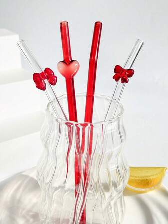 1/2 st/set rött glas sugrör med fjärils-/hjärthänge, för dryckesmuggar, festdekorationer, kök, kalla drycker, mjölk, te, kaffe, juice, glass, kök, restaurang, cocktailparty, skolstart, presenter till flickvännen, föräldrar, vänner, högtidstillbehör, thanksgiving, alla hjärtans dag, eid