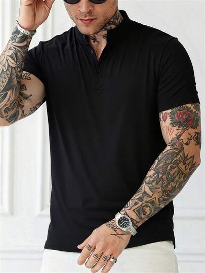 Camiseta de manga corta con cuello henley minimalista y casual para hombre, de verano