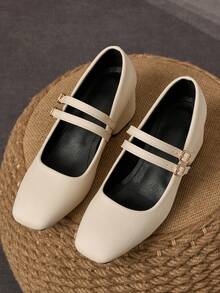 MonaNise 5厘米布面包跟女士时尚金属米色玛丽珍粗跟礼服鞋 - 米色 - 查看 3