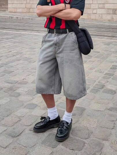 Lässige, weite Jeans-Caprihose, modischer sportlicher College-Stil, mit Reißverschluss und Knopfdetails, geeignet für den täglichen Gebrauch, Lässig, Outdoor-Aktivitäten, Sommer