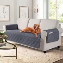 1PC Waterproof Sofa Cover With Side Pocket, Non-Slip Washable Couch Protector, Anti-Scratch Pet Couch Cover For Dogs/Cats, Suitable For 1/2/3 Seater Living Room Dark Grey - 深灰色 - 查看 12