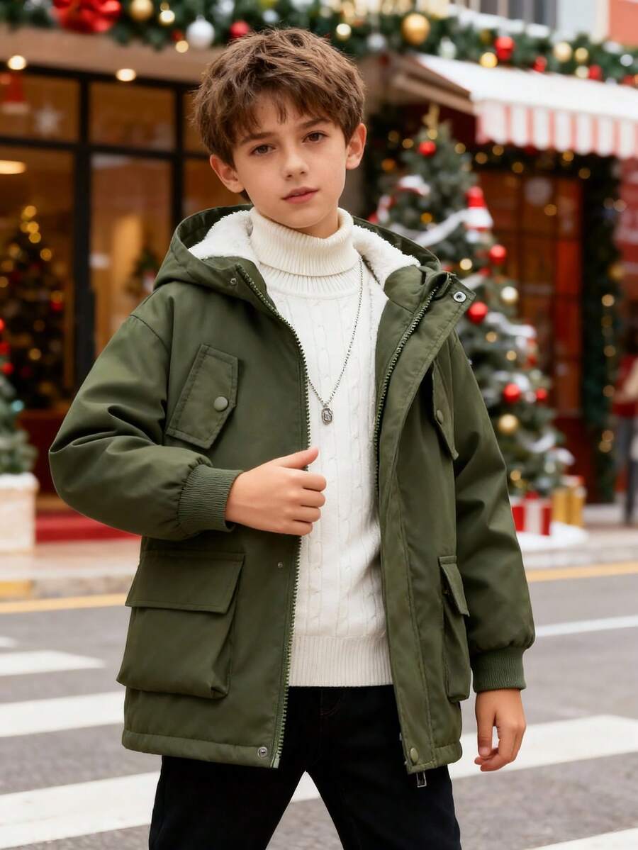 青少年男童休闲时尚连帽抓绒外套，秋冬季 - 軍綠色 - 查看 1