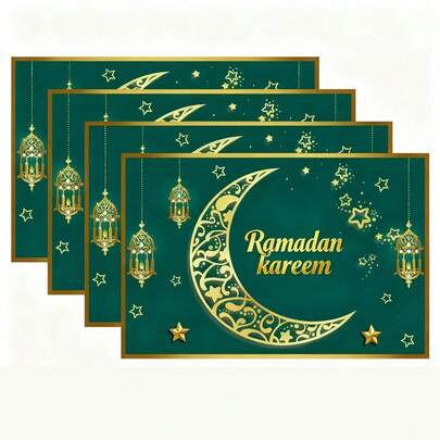 1 cái/bộ Thảm lót bàn ăn Ramadan bằng vải lanh xanh hình mặt trăng, kích thước 30*45cm, thảm trang trí bàn ăn nhà bếp theo mùa, trang trí tụ họp gia đình Ramadan, đồ trang trí nhà cửa Ramadan