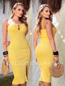 Midi Dress In Ribbed Cotton With Elastic Button, Side Slit, And Stylish For Summer. Women's Fashion. - Yellow - View 1